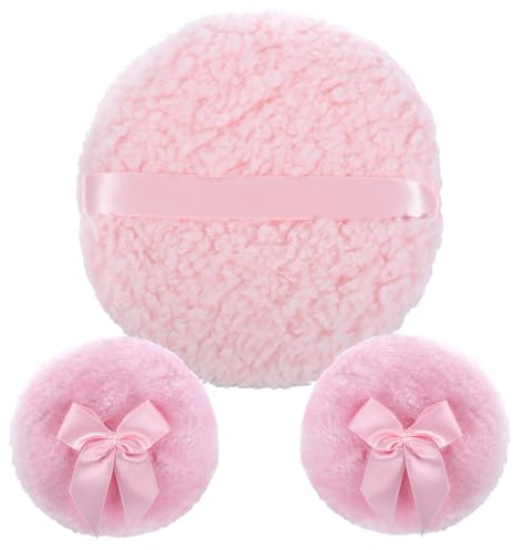 3 pompones de polvo de 15 cm, borla grande con 2 pequeños polvos para polvos para polvos corporales, borlas para polvos corporales, para cara seca y húmeda, polvo de talco (rosa)