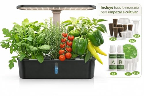 Sistema de Cultivo Hidropónico Interior 12 Vainas con Luz LED, Kit de Jardín Inteligente para Hierbas y Verduras en Casa (Negro)