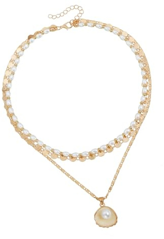 Buxuaaaa imitation pärlor snäcka hänge halsband halskedja med geometrisk legering berlock mångsidig smycken tillbehör lager legering skiva hänge halsband