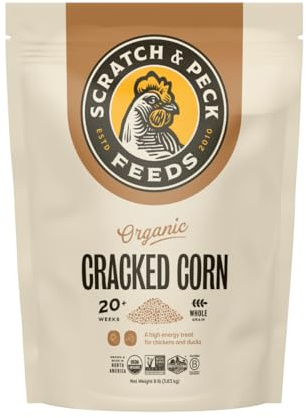 Scratch and Peck Cracked Corn Chicken, Duck and Livestock Supplemental Grain - 8 lbs Bag - 7.5% Protein, Certified Organic and Non-GMO Project Verified Chicken Food