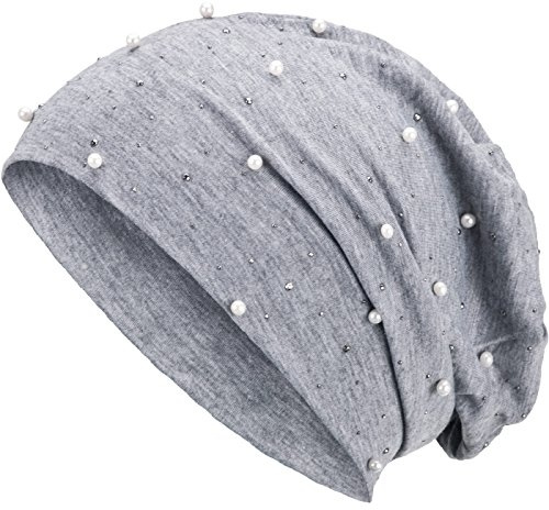 Compagno Slouch Beanie med pärlor av ventilerande, fin och lätt jersey unisex damer mössa huva boho bini flicka en storlek, LJUSGRÅ, En Storlek