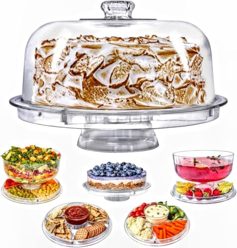 Cake Stand with Dome Cover, 6-in-1 Multi-Purpose Use, Cake Stand with Lid, Serving Platter, Punch Bowl, Desert Platter and More, BPA Free