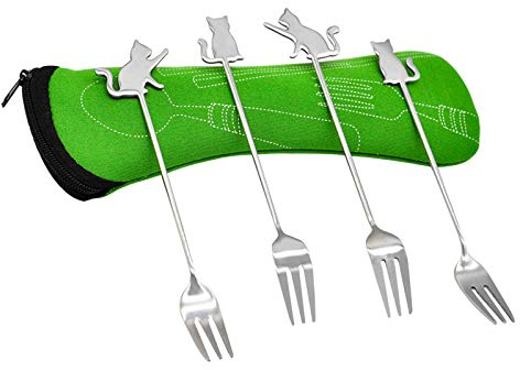 Forchette Dolce Fourchette Dessert in Acciaio Inossidabile 14,6 cm Forchetta per Antipasti di Frutta con Torta di Gatti Carino con Custodia Set di posate for Home Kitchen Restaurant 4 Pezzi