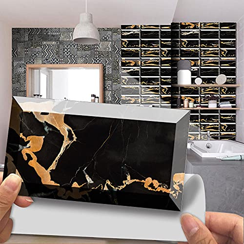Stick on Tiles Black Orange Marble Tile Stickers PVC Self Adhesive Wall Tiles Heat Resistant Tile Stickers for Kitchen Bathroom Waterproof Peel and Stick Floor Tiles Tile Paint 48 pcs