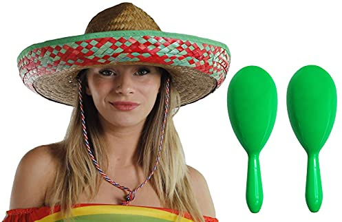 Mexikansk Sombrero halmhatt med maracas – perfekt för mexikanska fester Fiesta fin klänning firande hattar (1 grön/röd hatt + matchande maracas)