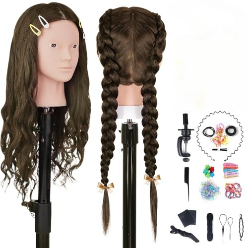 TopDirect Training Head 66cm/26 inch 70% Real Hair Cosmetology Hairdressing Mannequin Manikin Dummy Head Doll with Table Clamp Holder + Braid Set + 7 PCS Rainbow Colored Hair Extensions Wig Pieces