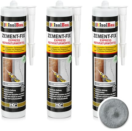 Isolbau Zement-Fix 3 x 300 ml Betongrau Express Reperaturmörtel - Dichtungsmasse für Fugen & Risse im Innen- & Außenbereich, Kartusche