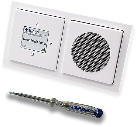 Busch Jäger iNet Internet Unterputz Radio 8216U Future Linear Studioweiß, Komplett-Set mit Lautsprecher, Abdeckungen, Rahmen + EBROM Phasenprüfer zur Montage der Geräte - 8216 U Internetradio