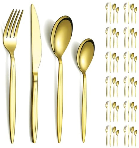 Evanda Guldbestickset 48 delar, titan guldplaterat rostfritt stål, bestick för bröllop, fester och mer