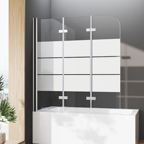 Duschtrennwand Badewanne 140x140cm 3 teilig Milchglas Dekor Querstreifen Faltwand für Badewanne Duschabtrennung 6mm NANO Glas ESG Sicherheitsglas Duschwand