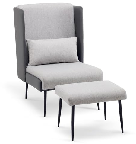 M MCombo Ohrensessel mit Hocker, Polstersessel Relaxsessel für Wohnzimmer, Lesesessel Bequem, Fernsehsessel mit Flügelrücken, Loungesessel Modern, Stoff/Kunstleder 4707 (Grau)