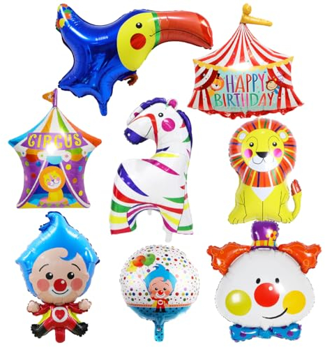 8 Stück Zirkus Tiere Folienballon, Clown Ballon, XXL Aluminium Folie Zebra ballon, Zirkus Löwe Luftballons, Zirkuszelt Riesenballon zum Karneval Urlaub Geburtstag Baby Shower Thematische Party Deko