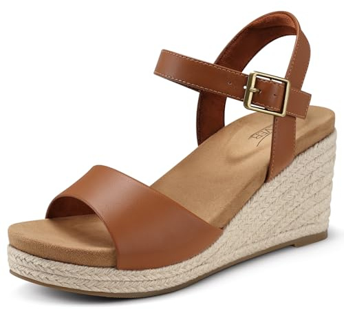 SHIBEVER Women's Wedge Platform Sandals: Espadrille Dressy Comfortable Summer Open Toe Ankle Strap Buckle Women Sandal Brown Size 8