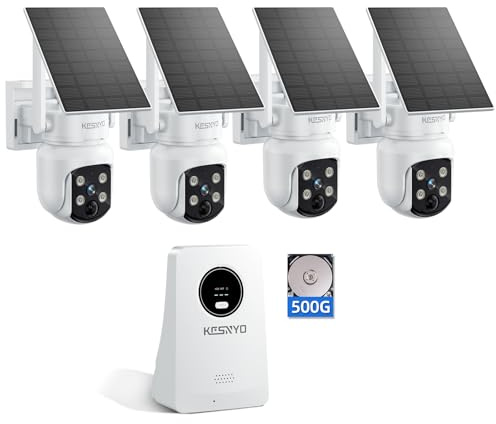 KCSNYO Solar Security Cameras Wireless Outdoor, 4MP Solar Powered Home Security Cameras System, 4 Cam kit, Color Night Vision, 360° PTZ, 500G HDD Local Recording, No Monthly Fees