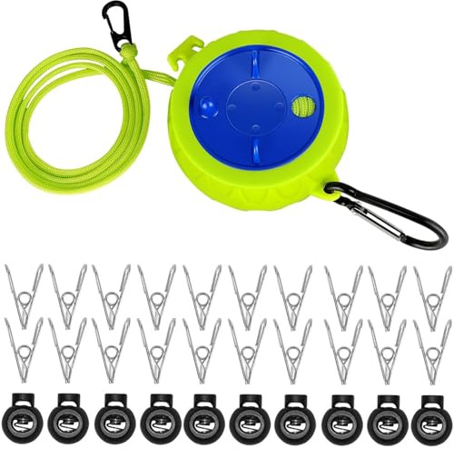 Binnan Cuerda de Tender Camping, Cuerda Tendedero Exterior Retractil, Tendedero de Viaje Adjustable con 10 Cierres y 20 Clips Cortavientos, Tendedero de Viaje Portátil para Viaje Jardín Hoteles