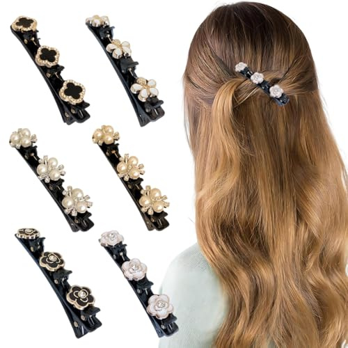 6 Pièces Barrette à Cheveux Latérale à Trois Fleurs, Pince à Cheveux Tressées en Strass pour Femme Fille Coiffure, pinces à frange, pinces à cheveux cassées, pinces à segmentation des cheveux