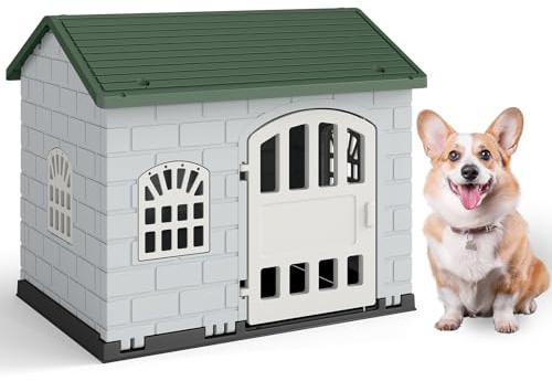 COSTWAY Caseta Perros de Plástico, Refugio para Mascotas con Puerta Bloqueable, 3 Ventanas, Techo Inclinado y Base con Orificios de Drenaje, Jaula Impermeable para Interior y Exterior (Verde)