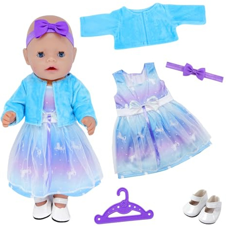 WanderGo Baby Doll Clothes for 35-43 cm Dolls, 5-Piece Outfit Including Dresses, Jackets, Shoes, Hairband, Clothes Hanger Dreamy styleDoll Clothes for 14-18 inch dolls (doll not included)