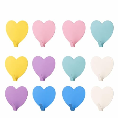 kwinfei 12 Stück Haken Kinder Selbstklebende Herzform, Kleiderhaken Kleben aus Edelstahl, Garderobenhaken Bunt, Wandhaken Bunt ohne Bohren, Garderobenhaken zum Kleben für Küche, Bad, Büro