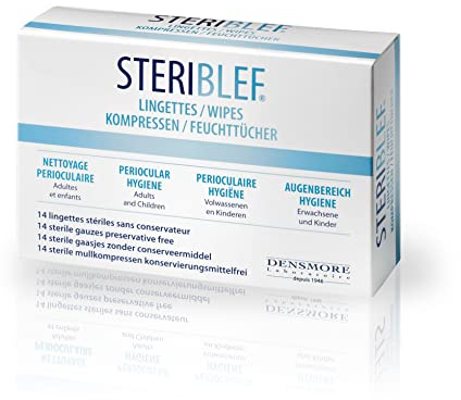 Densmore - Stériblef Lingettes - Hygiène de l'Oeil - Inflamation, Infection, Allergie - Sel d'Acide Hyaluronique et Camomille - 14 unités - 14 utilisations - Fabriqué en Europe