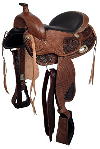 A&M Reitsport Selle western sans arbre Zuni marron en cuir de buffle, arceau de tête interchangeable, taille : 17