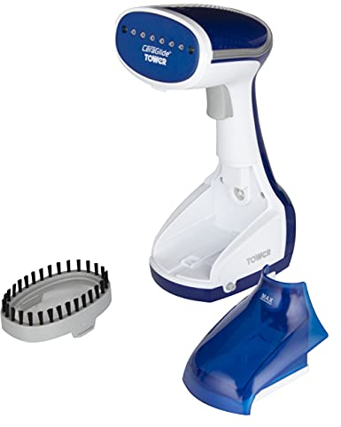 Tower Ceraglide T22014BLU Portable/Travel Garment Steamer with Ceramic Soleplate, Measuring Jug, Brush Attachment, 1000W, Blue and White