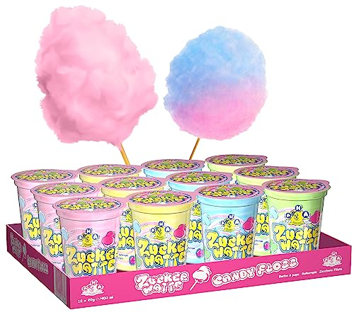 AHA Zuckerwatte 4 Sorten, 12 x 20 g Becher, Premium Qualität, Party-Packung, 4 Geschmacksrichtungen, 4 Farben, perfekte Geschenkidee, Süße Überraschung