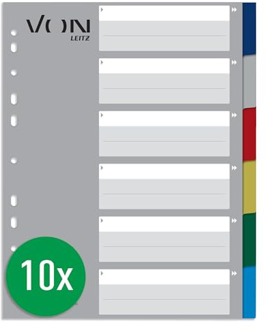 VON Leitz Leitz 13050000 Pack of 10 6-Part Index A4 Blank Dividers for Folders, Polypropylene, Extra Wide, 11-Hole Universal Index for File Folders and Ring Binders, Multi-Colour, Pack of 10