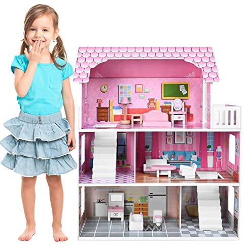Aufun Casa de muñecas de Madera MDF y casa de muñecas Dreamhouse con 3 Pisos Que Incluyen Muebles, Accesorios para Juegos creativos prolongados, Grande, estética (Tipo A)