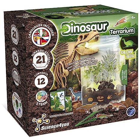 Science4you Terrarium de Dinosaure - Écosystème avec Jouet Dinosaure Phosphorescent pour Enfant, Terrarium pour Enfants + 21 Autocollants de Dinosaures, Jeux, Cadeau pour Garçon et Fille 6+ Ans