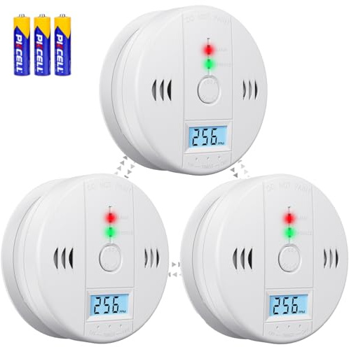 Carbon Monoxide Detectors Battery Powered, Carbon Monoxide Alarm with LED Digital Display, CO Alarm with Human Alarm Sounds and Test Button for Home Kitchen Restaurant Hotel Office(3 Pack)