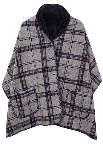 KALWAX Poncho Manta de Forro Polar Cálido de Invierno para Mujer con Botón y Bolsillo, Manta Portátil a Cuadros para Cama, Sofá, Viajes, C, 50 x 160 cm