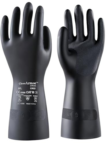 AnTools Heavy Duty Rubber Safety Work Gloves, Chemical Resistant Latex Gloves for Cleaning, Acid & Alkali Protection, Hazmat Use, Black, Large