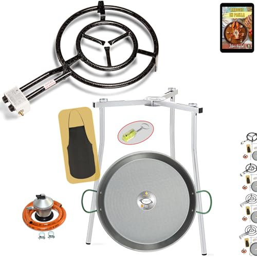 COMBOI Paellero Gas Butano 50 CM, Paellera 60 CM, Kit Quemador, Regulador de gas, Manguera, Patas Trípode, Nivel, delantal, Libro de Recetas digital (KIT 500 + Patas Trípode)