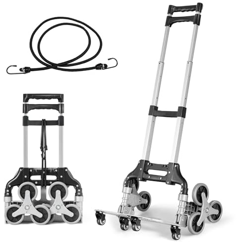 HOMFME Folding Hand Truck, 80KG Capacity Stair Climbing Cart with 10 Wheels, Adjustable Handle and Expanding Cord, Aluminium Moving Trolley for Goods, Shopping and Travel