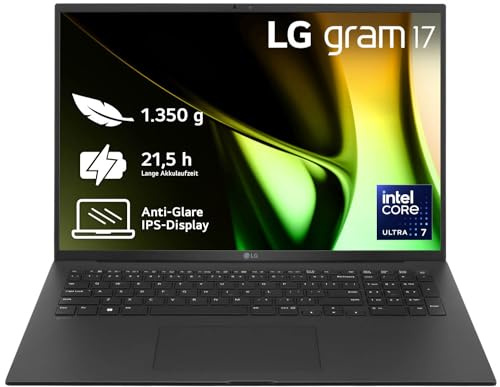 LG gram 17 Zoll Laptop mit Windows 11 Pro Intel Core Ultra 7 Prozessor 16GB LPDDR5x RAM 1TB Dual SSD 17Z90S-G.AP78G - Schwarz