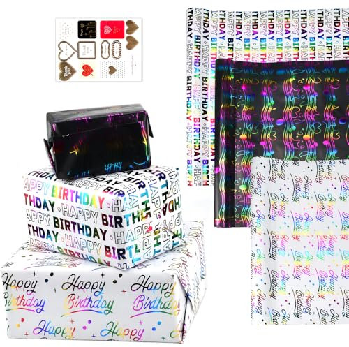 HEKOBAG 3 Rollen Geschenkpapier Rolle Geburtstag Geschenkrollen Geburtstagspapier 43cm x 3m Geschenkpapierrollen Set Geschenkpapierrolle mit Aufkleber für Weihnachten Valentinstag Hochzeit Party