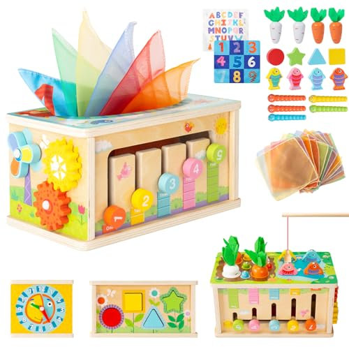 Mucek Montessori leksak baby från 6 månader, 7-i-1 våtservettlåda baby, träleksak med 2 sprakande duk, motorikkuber, stora motorikleksaker, morötter plug-in spel trä för pojkar flickor presenter
