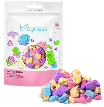 BODYNESS Sales de Baño Sugar Rush - sales de baño de 300g con 4 capas de color - con sabor a algodón de azúcar y manteca de cacao - morado, azul, amarillo y rosa