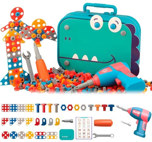 Kids Stem Toy Electric Drill,Electric Drill Toy,Kids Tool Set,Creative Mosaic Puzzle Toy With Electric Drill screw Tool,Magic Play Toolbox,Montessori Play Toolbox For Kids (Dinosaur-211PCS-With Dill)