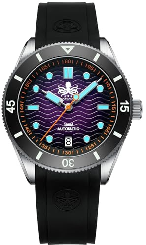 PHOIBOS Automatisk dykarklocka för män upp till 300 m med vågmönster-urtavla och gummiarmband Wave Master PY010R, violett, Men's Standard, Rem