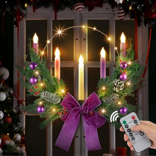 Suncalla 1 Set Advent Wreath with 5 Flameless Candle (Pink Purple White) and Timer Remote Control, 1 Advent Wreath Candle Holder, 1 LED Strings for Holiday Party Decor(Classic,20 Inch)