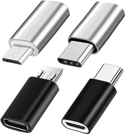 USB C-adapter (4 st), USBC hane till mikro-USB-hona, USBC-hona till mikro-USB-hane, kompatibel med smartphones, surfplattor och andra enheter (svart och silver)