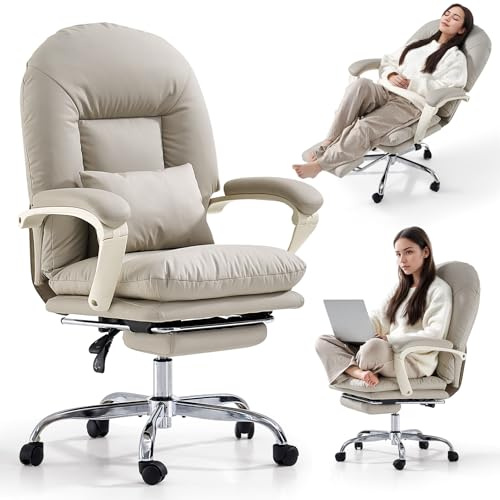 EMIAH Sedia da Ufficio Ergonomica con Poggiapiedi, Poltrona Reclinabile da Scrivania in Pelle PU, Sedie Moderne per Vanità con Ruote, Comoda Sedia da Computer con Schienale Medio per la Casa, Beige