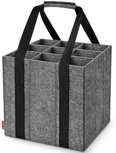 Enbagold Flaschentasche 9 Fächer je 1,5 Liter, Faltbar Flaschenträger, Filz Männerhandtasche mit Trennwänden, Flaschen Einkaufstasche für Wasserflaschen, Weinflasche, Bier und Sekt - Dunkelgrau