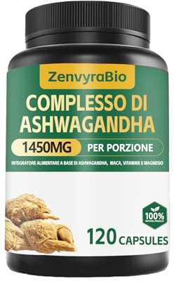 ZenvyraBio Ashwagandha Complesso 1450mg – Con Maca, Vitamina C, Vitamine B & Magnesio – 120 Capsule · Integratore Naturale per Energia, Equilibrio e Vitalità · Vegan