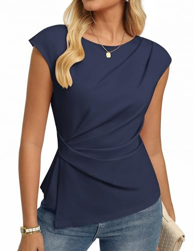 GRACE KARIN Maglietta da donna estiva elegante con maniche a volant, camicia business slim fit, camicetta avvolgente, top, Blu mare, M