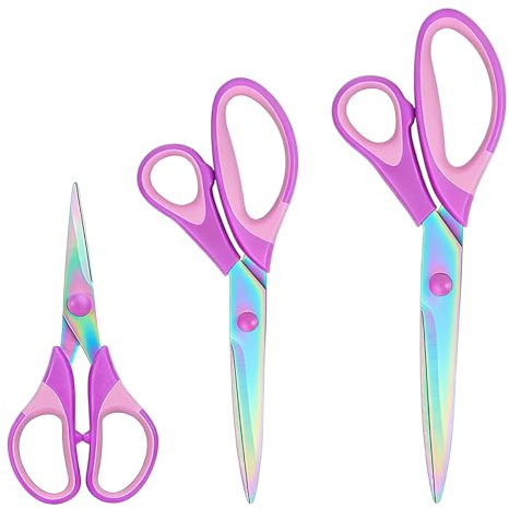 Scissors All Purpose 3 Pack, Ergonomic Comfort Grip Scissors Premium Titanium Coated Stainless Steel Shears for Fabric Sewing Craft Office Home Kitchen Professional Multi Purpose Scissors Set Purple