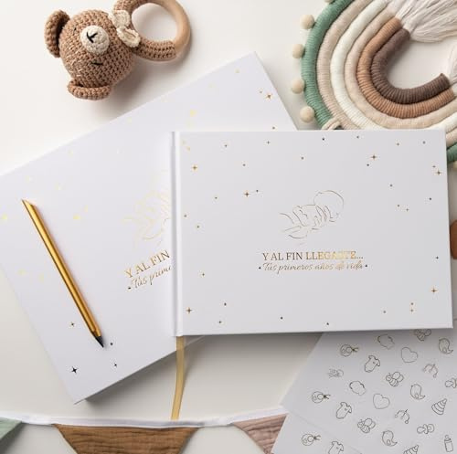 PROENMU® Album Fotos Bebe Primer Año + Lápiz Metálico + Caja Regalo con Cierre Magnético + Pegatinas | Libro Recuerdos Bebe | Album Bebe Recien Nacido hasta los 5 Años (Español)