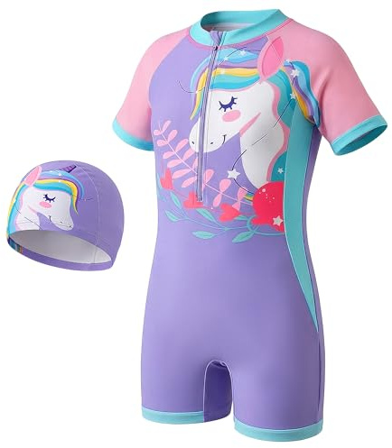Keyck Maillot de Bain Une Pièce pour Fille Garçon Enfants Costume 4-10 Ans | Combinaison de Natation, Manches Courtes, avec Bonnet et Fermeture Éclair, Séchage Rapide, Costume de Bain pour Plage Piscine
